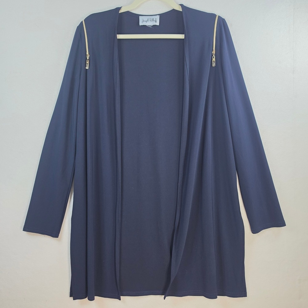 Joseph Ribkoff Navy Blue Open Front Cardigan Gold Shoulder Zipper Longline
